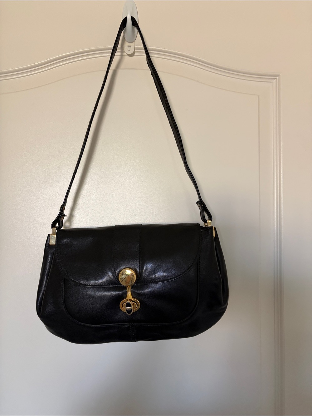 Vintage Black Leather Shoulder Bag with Gold Hardware, Strap 15 1/2 in. ,13x8 in